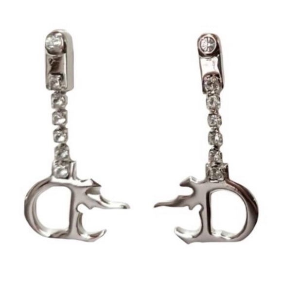 Dior John Galliano Vintage Silver Diamanté Crystal Fire ‘D’ Drop Chain Earrings - Picture 3 of 6